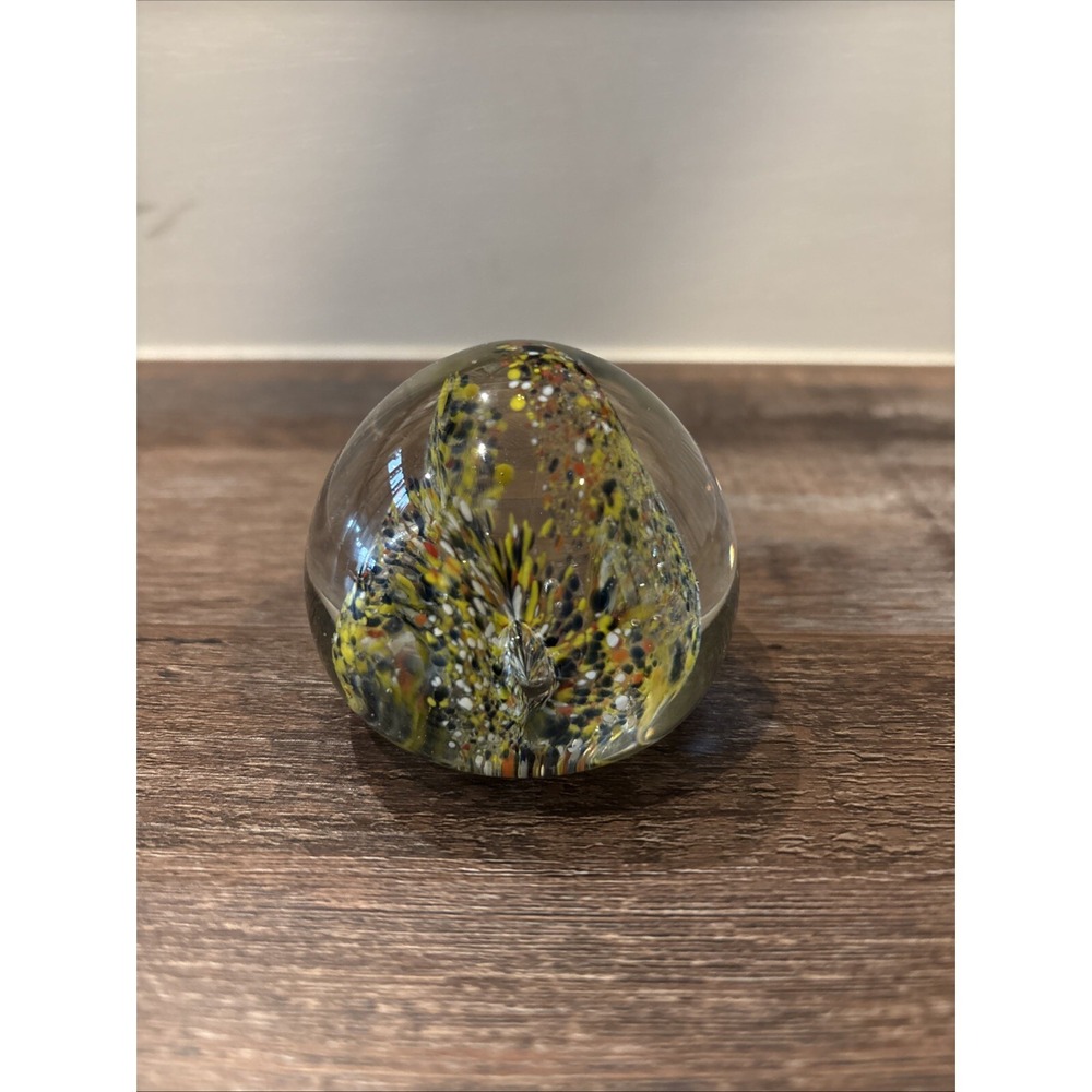 Vintage Art Glass Globe PAPERWEIGHT  - White Blooms And Red Base 2" 9oz